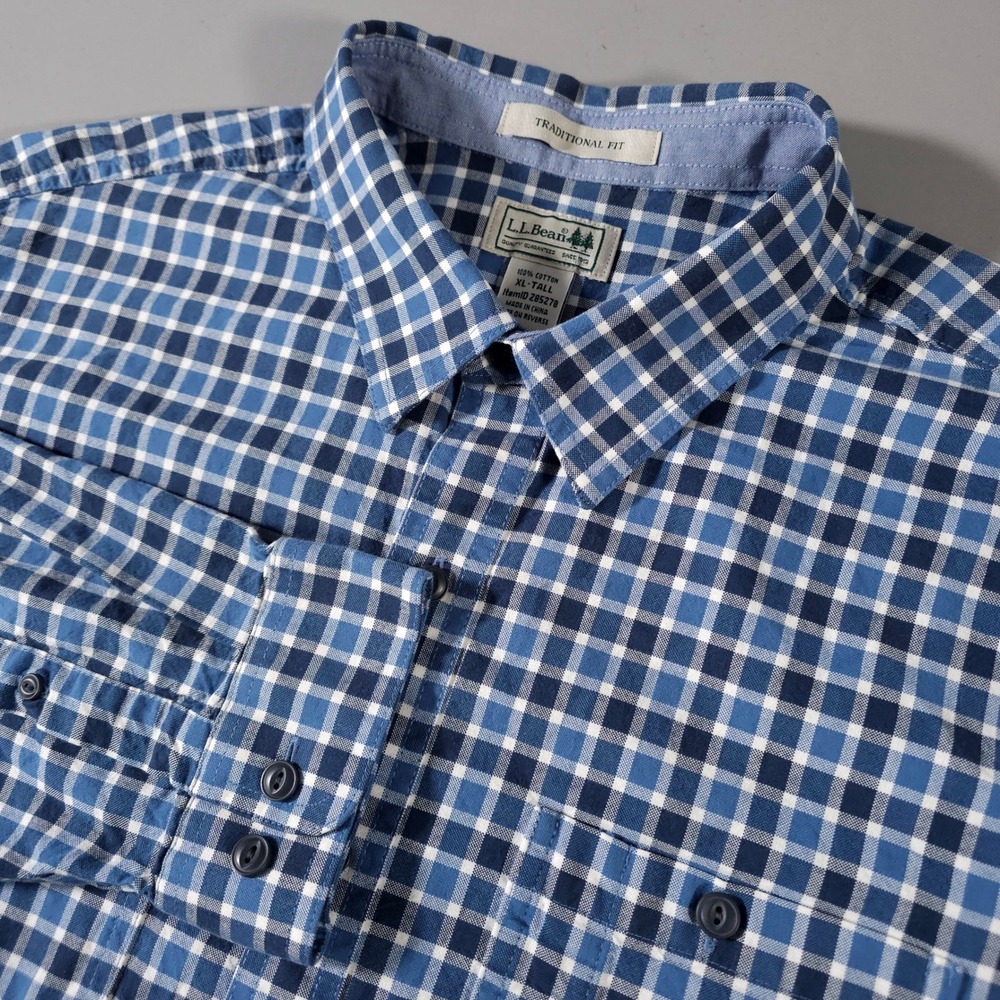 L.L. Bean‎ Button Down Shirt Mens XL Tall Blue Gingham Check Traditional Fit